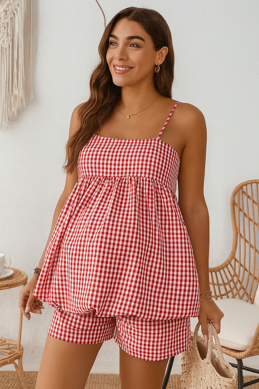 👩‍🍼 Elegant Red &amp; White Plaid Set – Camisole + Adjustable Shorts 🌹
