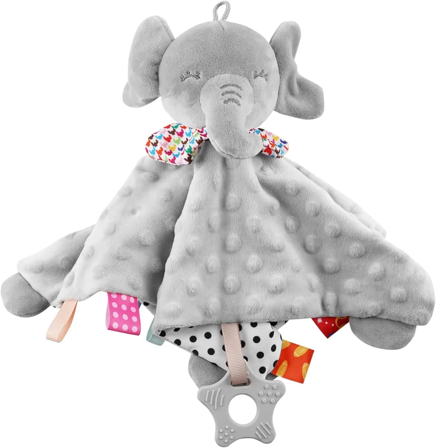 🐘 Couverture de sécurité éléphant – étiquettes, hochet intégré & doudou peluche doux