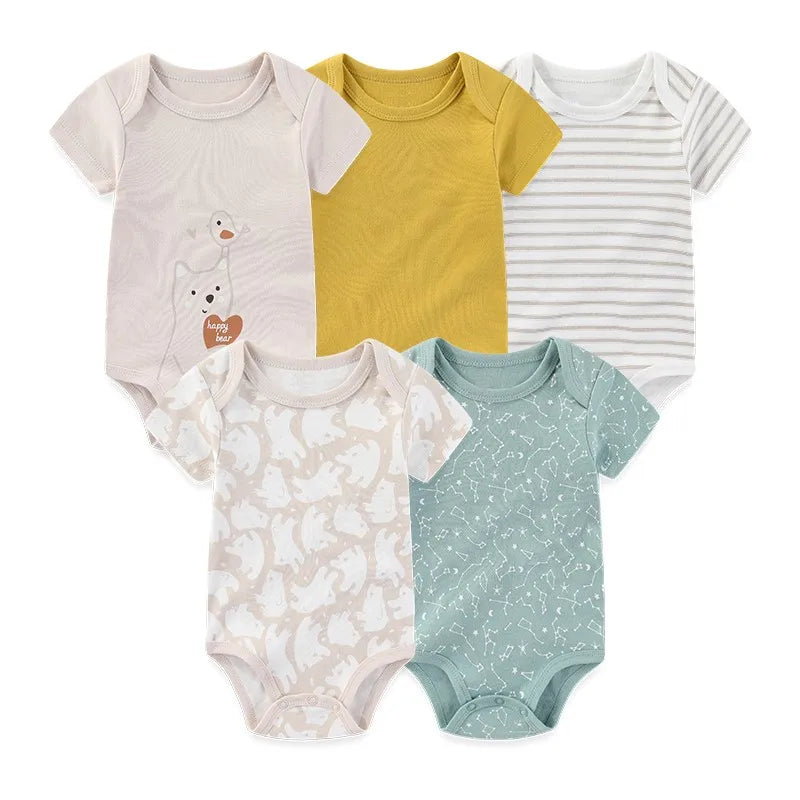Lot de 5 bodys manches courtes Kiddiezoom : confort et motifs joyeux (garçon et fille)