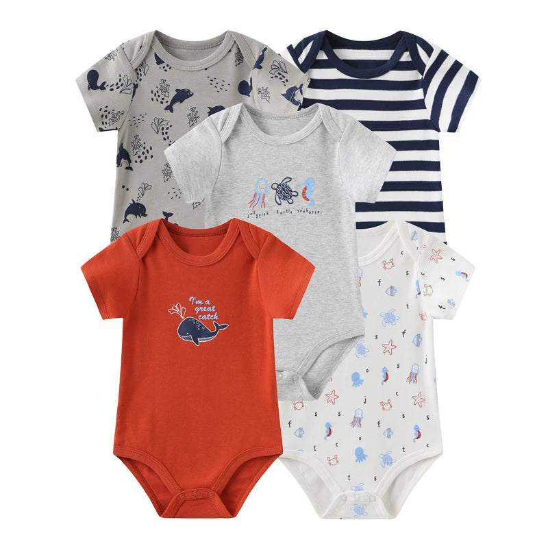Lot de 5 bodys manches courtes Kiddiezoom : confort et motifs joyeux (garçon et fille)